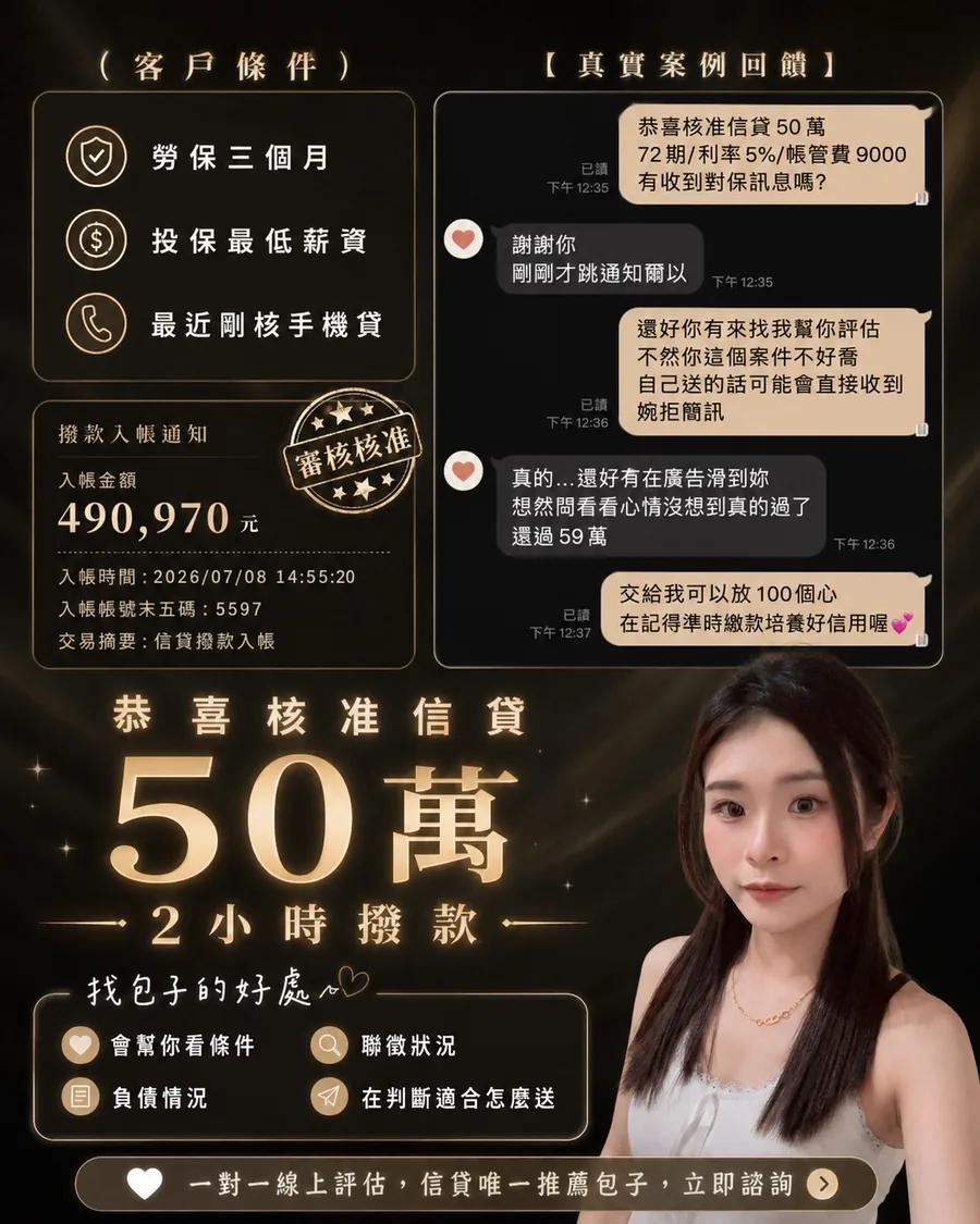勞保三個月、最低薪資且近期有手機貸，成功核准信貸 50 萬案例
